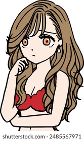 Brown hair girl in red swimsuit in need of help