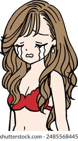 Brown hair girl in red swimsuit crying