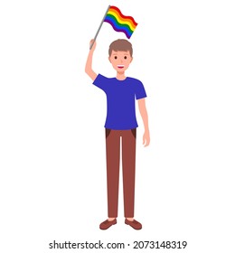 Brown Hair Man Holding Rainbow Flag Taking Part In The Pride Parade. LGBT Community.