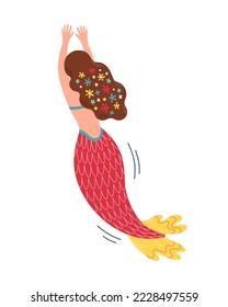 Brown hair mermaid with red yellow tail, swimming mermaid, view from back. Cute Mermaid, for t shirts or children books.