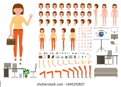 Brown hair office worker cartoon character body parts creation set. Waving young woman in orange pants vector illustration