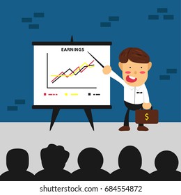 brown hair professional businessman pointing presentation board in front of audience flat style vector