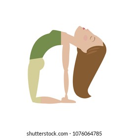 Brown hair woman doing yoga camel pose cartoon vector illustration