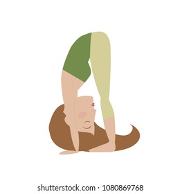 Brown hair woman doing yoga big toe pose cartoon vector illustration