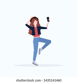 brown hair woman taking selfie photo on smartphone camera casual female cartoon character in hat posing white background flat full length