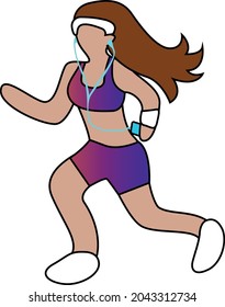 Brown hair young girl running listening music on her headphones on her mp3 player vector art sticker isolated