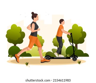 Joven de pelo marrón montando en moto, mujer corriendo, trotando al aire libre, parque, naturaleza, entrenamiento al aire libre. La gente deportiva activa corre, corre, monta. Caricatura y actividad deportiva callejera. Ilustración del vector