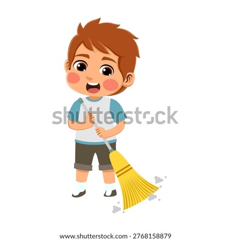  brown haired australian boy wearing an blue and grey outfit is sweeping the yard