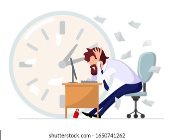 Brown haired bearded man in formal suit sitting at computer desk and clutching his head in his hands among scattered documents at large clock background. Problems at work. Vector cartoon illustration.