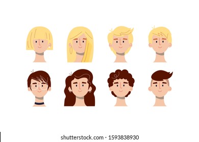  Brown haired, blonde girls and boys avatars head icons  in flat style