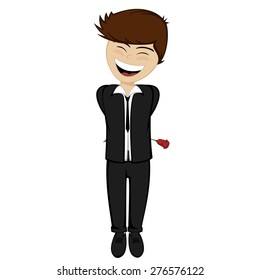 A brown haired boy with a rose behind his back