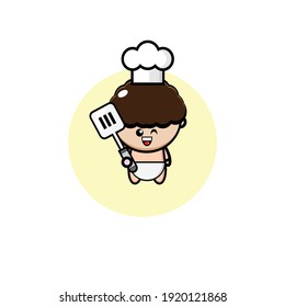 Brown haired cute baby character design is carrying a spatula