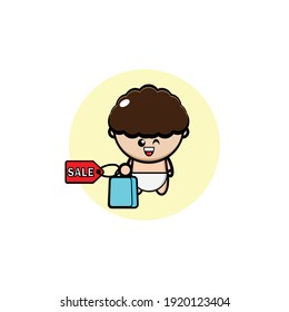 Brown haired cute baby character design brings groceries