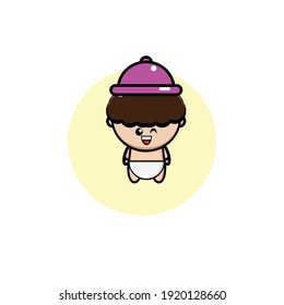 Brown haired cute baby character design wearing a purple hat