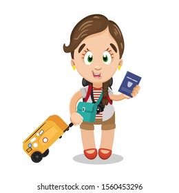 Brown haired cute lady with camera in tee shirt and shorts standing with luggage. Smiling girl with crossbody bag and suitcase showing passport. Vector cartoon illustration isolated on white.