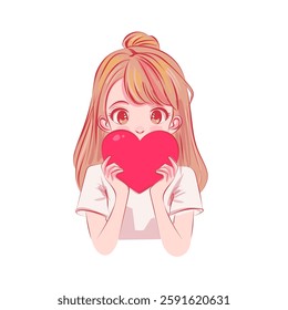 Brown haired girl with bang and little top knot hairstyle holds red heart. Anime manga kawaii style portrait. Sunset light scene.