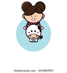 Brown haired girl character illustration design riding a cute cow