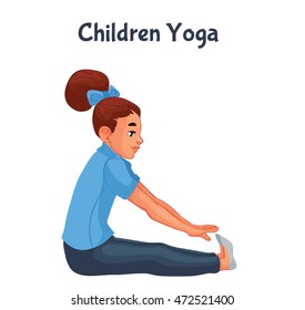 brown haired girl doing yoga, cartoon style vector illustration isolated on white background.  little girl in yoga asanas, healthy lifestyle