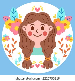 Brown haired girl with flower. Vector stock illustration. Premium design illustration.