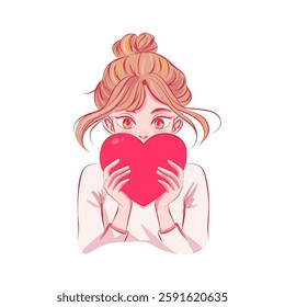 Brown haired girl with messy bun holds red heart. Anime manga kawaii style portrait. Sunset light scene.