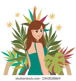 Brown haired girl with plants, bows and stars behind them. Vector illustration isolated on white background.