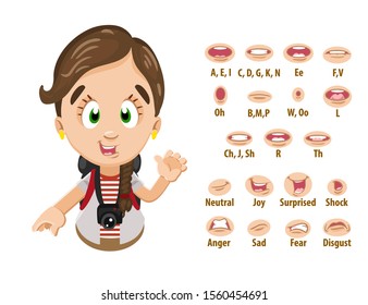 Brown haired girl, tourist, photographer shows to set of mouth, teeth positions. Lip sync emotions collection. Can be used for animation. Cartoon vector illustration isolated on white background.