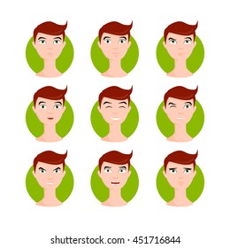 Brown haired man illustration set. Brunette young man in cartoon style with different facial expressions and emotions. Character illustration.
