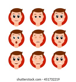 Brown haired man illustration set. Brunette young man in cartoon style with different facial expressions and emotions.