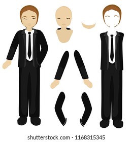 A brown haired man in a suit with paper doll parts out to the side.
