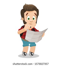 Brown haired young man with small beard in shirt and shorts looking to map and making choice of hiking route. Lost tourist, traveller. Vector cartoon illustration isolated on white background.