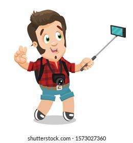 Brown haired young man, tourist, traveller, blogger, vlogger taking selfie with stick, smartphone or tablet. Broadcasting concept. Vector cartoon illustration isolated on white background.