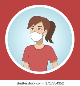 A brown haired young women is wearing a facial protective mask against viruses, infectious diseases – Coronavirus covid-19 pandemic prevention – vector illustration, cartoon illustration 