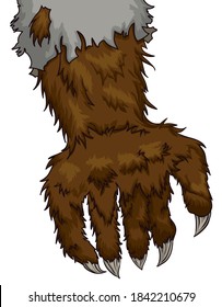 Brown hairy werewolf hand with long claws and ragged sleeve due its transformation.