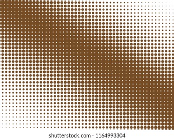 Brown halftone dots. White and brown geometric gradient for pop art designs. Geometric vintage monochrome fade wallpaper. Pop art print. Dotted geometric retro pattern. Comic halftone background.