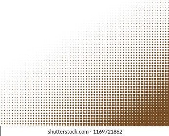 Brown halftone dots. White and brown geometric gradient for pop art designs. Geometric vintage monochrome fade wallpaper. Pop art print. Dotted geometric retro pattern. Comic halftone background.