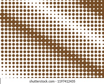 Brown halftone dots. White and brown geometric gradient for pop art designs. Geometric vintage monochrome fade wallpaper. Pop art print. Dotted geometric retro pattern. Comic halftone background.