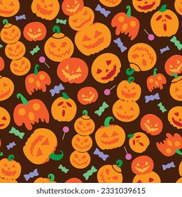 Brown Halloween pumpkin seamless vector background with funny, scary, and angry faces. Halloween vector pattern with pumpkins and sweets.