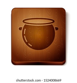 Brown Halloween witch cauldron icon isolated on white background. Happy Halloween party. Wooden square button. Vector Illustration