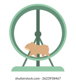 O hamster marrom está correndo em sua roda giratória verde