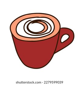 Brown Hand drawing outline vector illustration of cup of cappuccino with stirred spiral milk foam isolated on a white background
