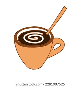 Brown Hand drawing outline vector illustration of cup of cappuccino with stirred spiral milk foam and spoon isolated on a white background