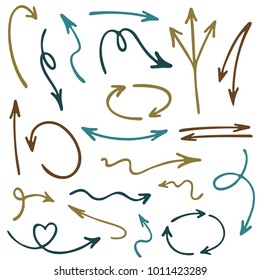 Brown hand drawn arrow icons vector set. Up and down pencil sketch arrows, right and left direction pointers, cycle and way symbols. Doodle infographic elements. Way pointers set.