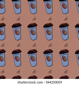 Brown hand drawn seamless pattern with coffee cup. Decorative vector ornamental background. Can be used for textile design, bag template, packaging.