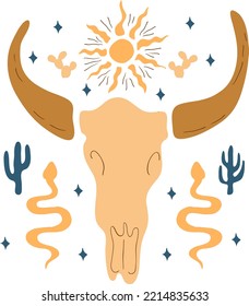 Brown hand drawn silhouette illustration of desert vibes. T-shirt print design with buffalo skull, desert cactus, sun, snakes and stars. Vector clip art isolated on white background.