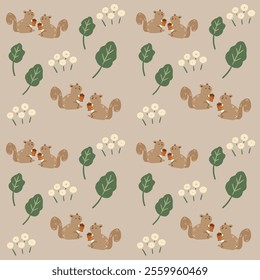 Brown hand drawn squirrel animals and floral seamless pattern vector