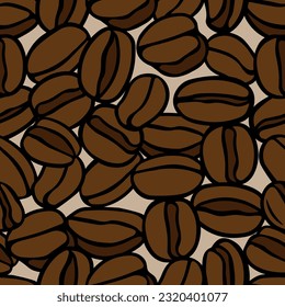 Brown hand drawn vector illustration of group of coffee beans. Seamless pattern