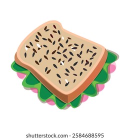 Brown hand drawn vector illustration of rectangular piece of bread with seeds and pork and salad isolated on white background