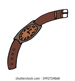Brown hand drawn watch isolated on white. Male accessory in black and white. Vector illustration. Doodle clock. Timepiece symbol. 