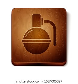 Brown Hand grenade icon isolated on white background. Bomb explosion. Wooden square button. Vector Illustration
