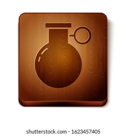 Brown Hand grenade icon isolated on white background. Bomb explosion. Wooden square button. Vector Illustration